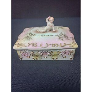 Vintage Hal-Sey Fifth Japan  Porcelain Cherub 4 pc Ashtray/dresser  lidded dish